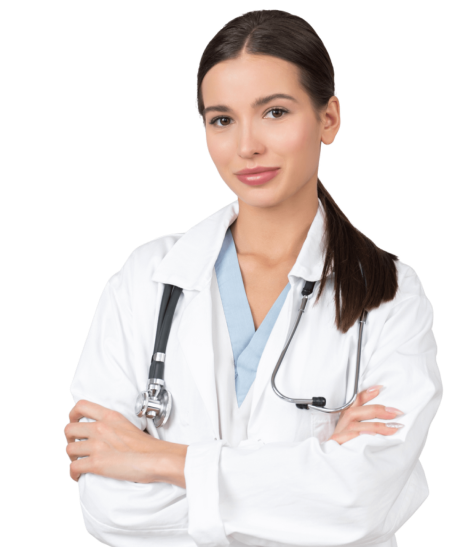 A female healthcare professional posing cheerfully in the picture.
