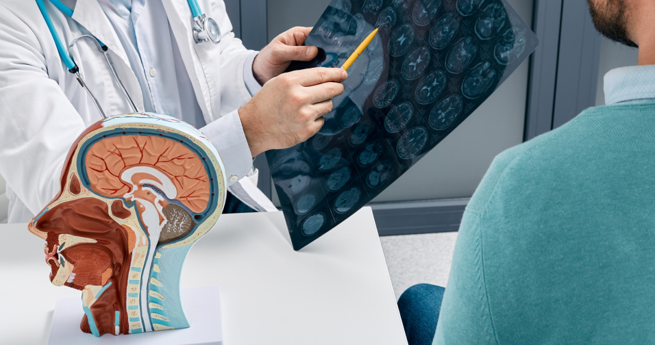 A doctor is reviewing a pituitary gland X-ray with a pencil, explaining the details to a patient.