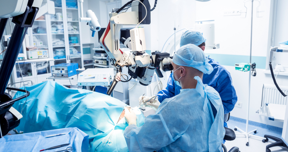 A surgical team is operating on a pituitary tumour.